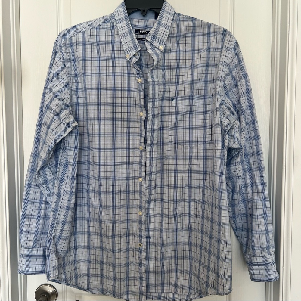 Izod Light Blue and White Plaid Button-Down Shirt